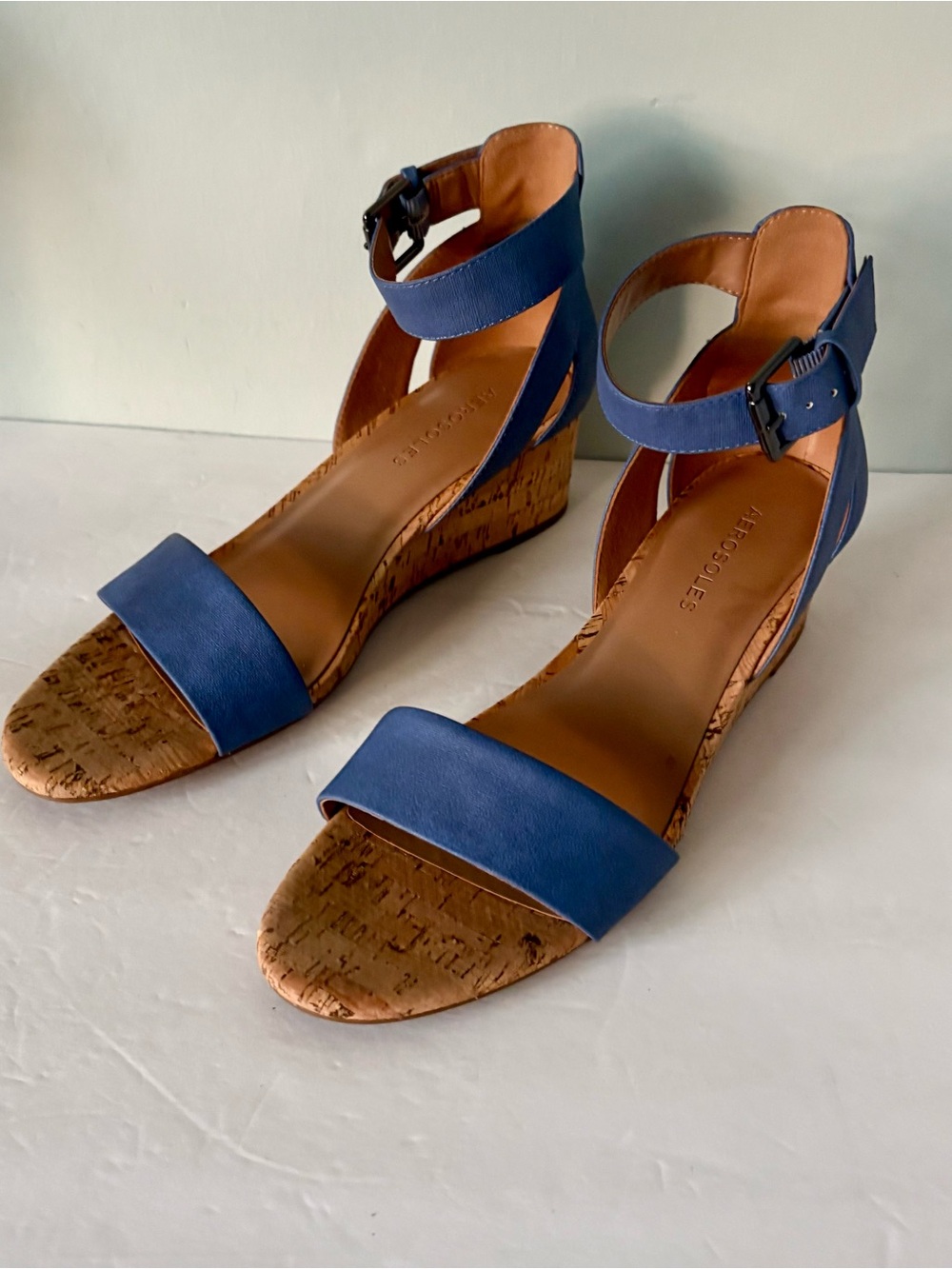 AEROSOLES Blue Cork Wedge Sandals with Ankle Strap